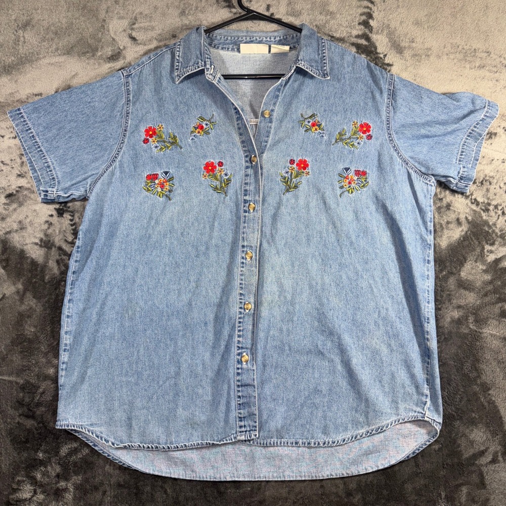 VTG Basic Editions Womens XL Denim Shirt Floral Embroidered Short Sleeve Blue